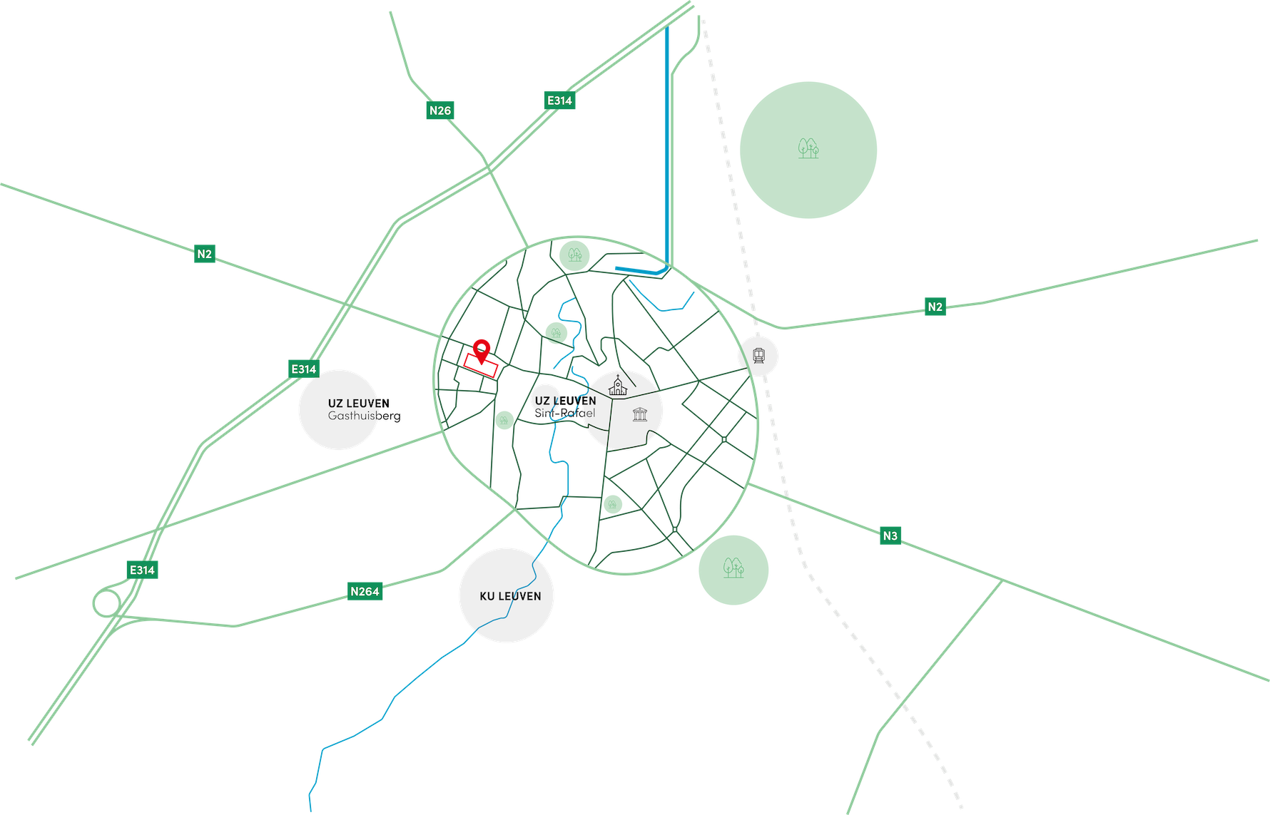 Kaart met de ligging van Burenberg in het centrum van Leuven